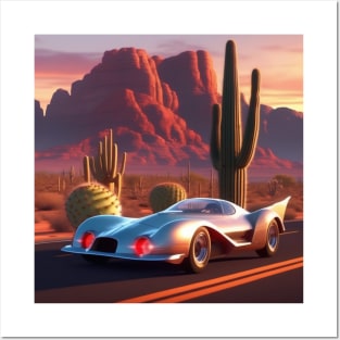 A Retro-Futuristic Racing Car Travelling Through The Arizona Desert At Dusk. Posters and Art